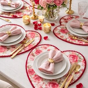Nicole Miller Home Heart Shaped Floral Placemats Pom Pom Valentine Set of 4 NWOT